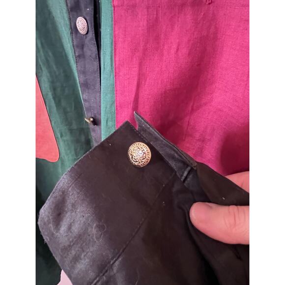 VTG Ole Cassidy Blouse   Black Color-block linen Shirt Sz14 Button Front  NWOT - Picture 5 of 7